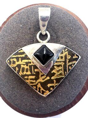 Sterling SIlver 925 Black Onyx Black and Gold Painted Enamel Inlay Pendant 1.25"